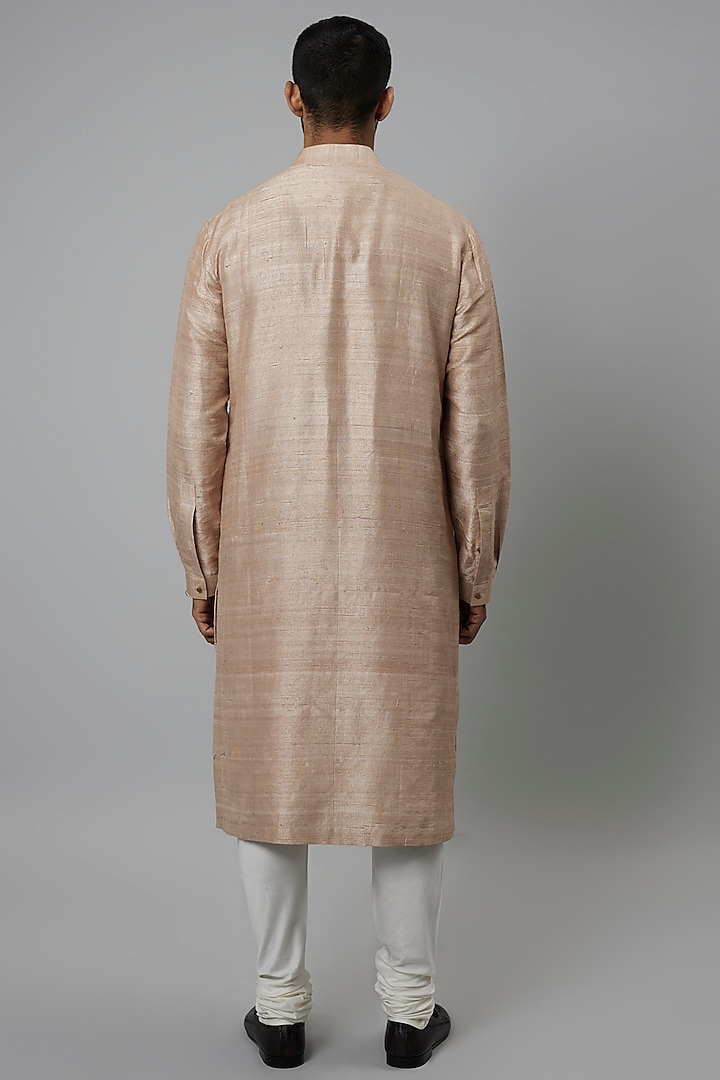 Beige Raw Silk & Katan Silk Embroidered Kurta Set by Divyam Mehta Men at Pernia's Pop Up Shop
