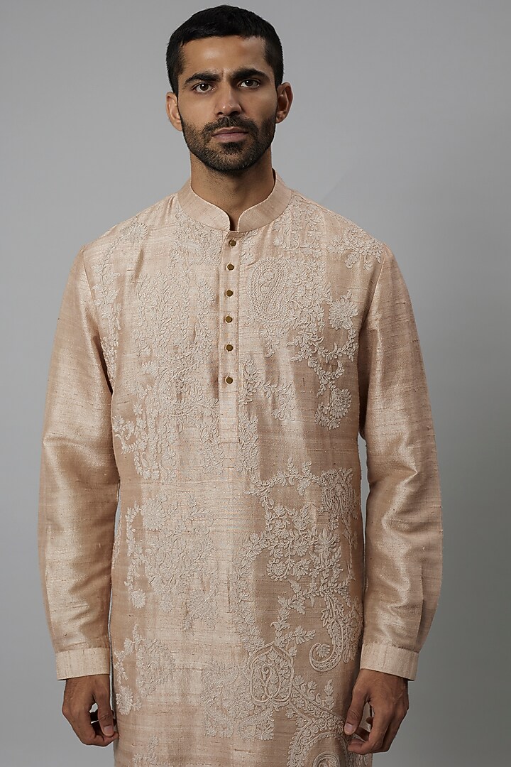Beige Raw Silk & Katan Silk Embroidered Kurta Set by Divyam Mehta Men at Pernia's Pop Up Shop
