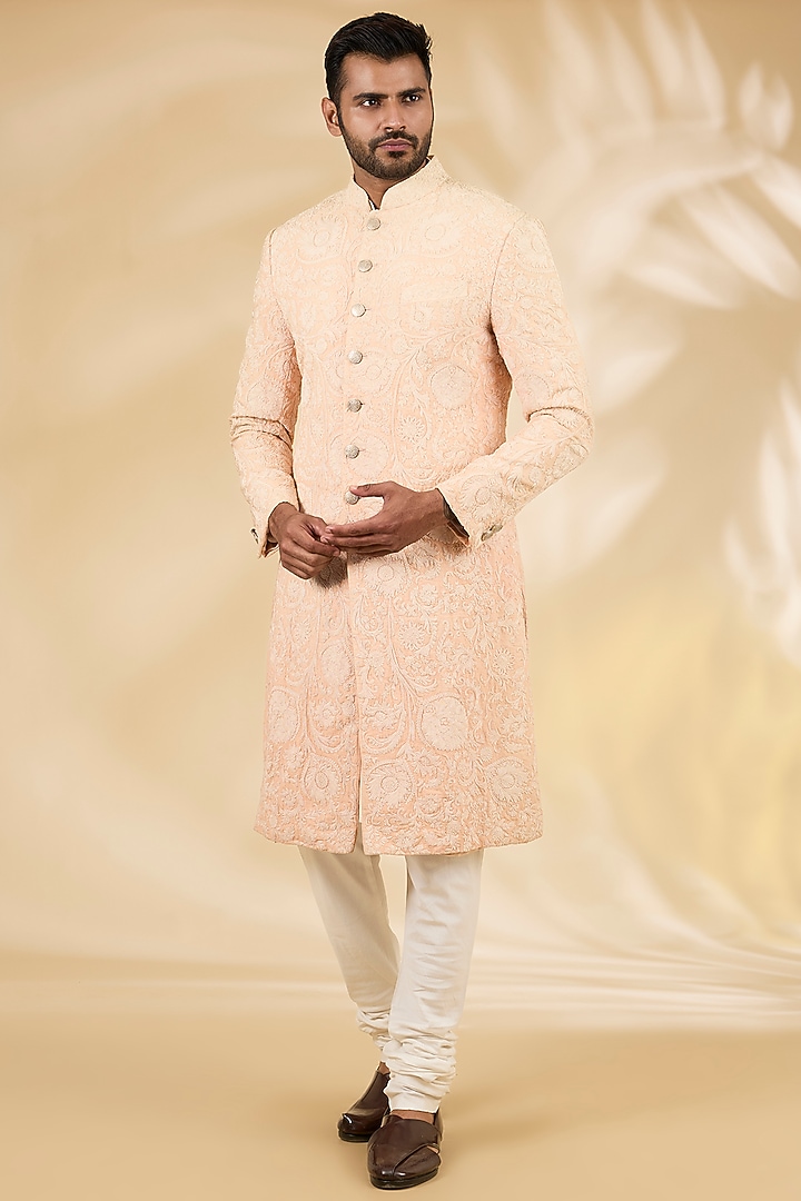 Blush Silk Groom Indowestern Set by Divyam Mehta Men at Pernia's Pop Up Shop