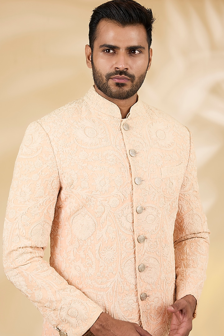 Blush Silk Groom Indowestern Set by Divyam Mehta Men at Pernia's Pop Up Shop