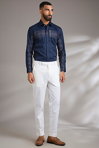 Ivory Cotton Lycra Pants by Divyam Mehta Men