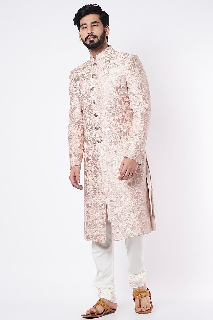 Oyster Pink Aari Embroidered Sherwani Set by Divyam Mehta Men