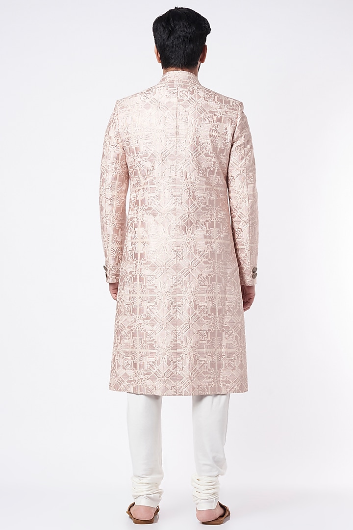 Oyster Pink Raw Silk Aari Embroidered Groom Sherwani Set by Divyam Mehta Men at Pernia's Pop Up Shop