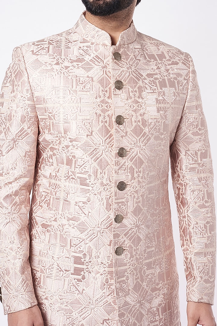 Oyster Pink Raw Silk Aari Embroidered Groom Sherwani Set by Divyam Mehta Men at Pernia's Pop Up Shop