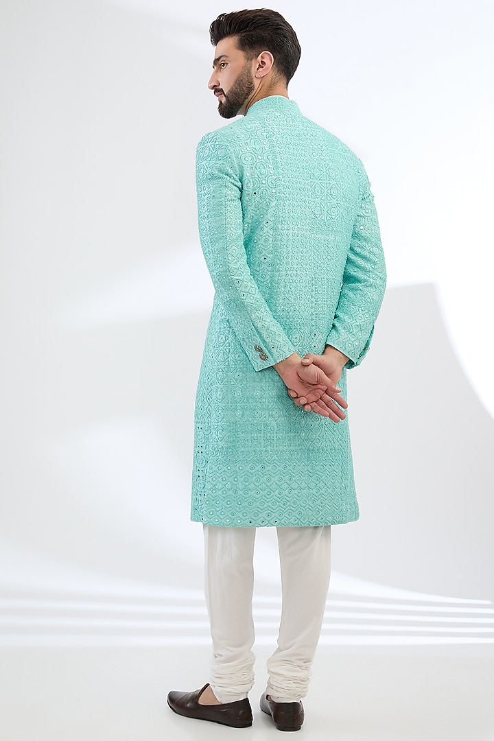 Blue Silk Groom Sherwani Set by Divyam Mehta Men at Pernia's Pop Up Shop