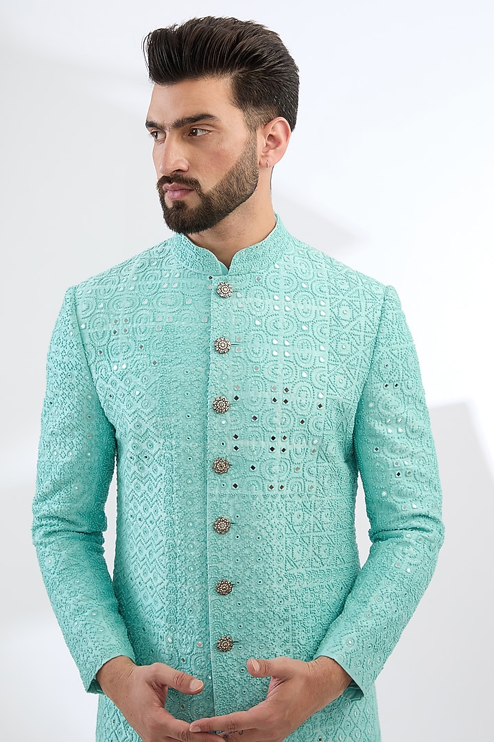 Blue Silk Groom Sherwani Set by Divyam Mehta Men at Pernia's Pop Up Shop