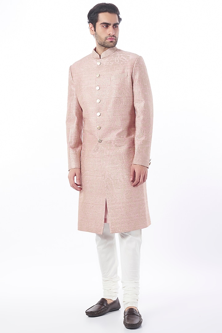 Pyazi Pink Raw Silk Embroidered Achkan Set by Divyam Mehta Men at Pernia's Pop Up Shop
