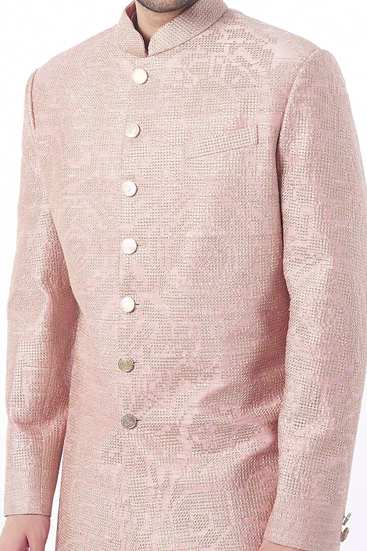 Pyazi Pink Raw Silk Embroidered Achkan Set by Divyam Mehta Men at Pernia's Pop Up Shop