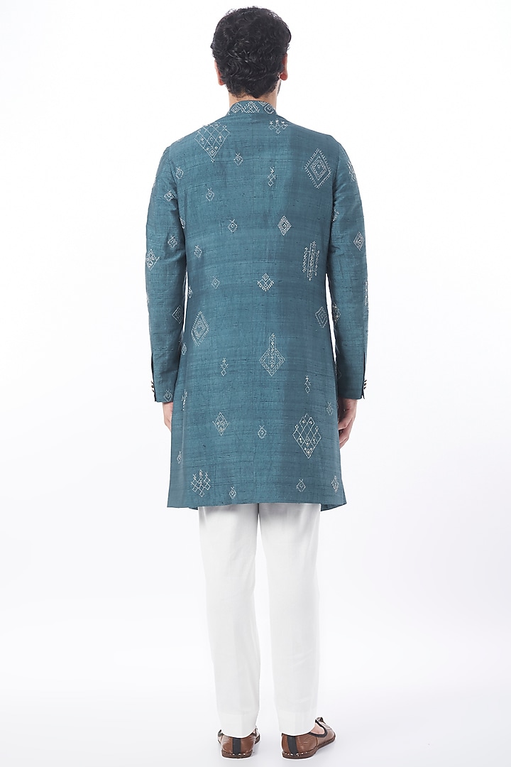 Teal Raw Silk Embroidered Kurta Set by Divyam Mehta Men at Pernia's Pop Up Shop