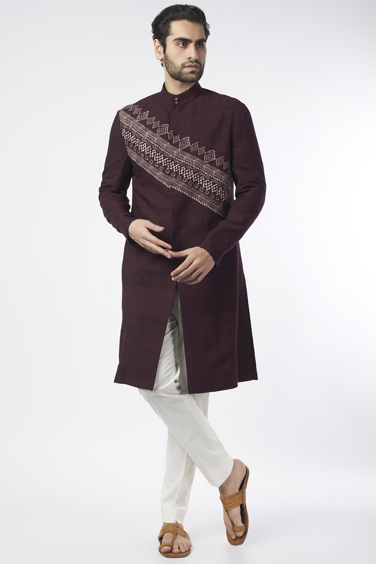 Murasaki Purple Raw Silk Block Printed Sherwani Set by Divyam Mehta Men at Pernia's Pop Up Shop