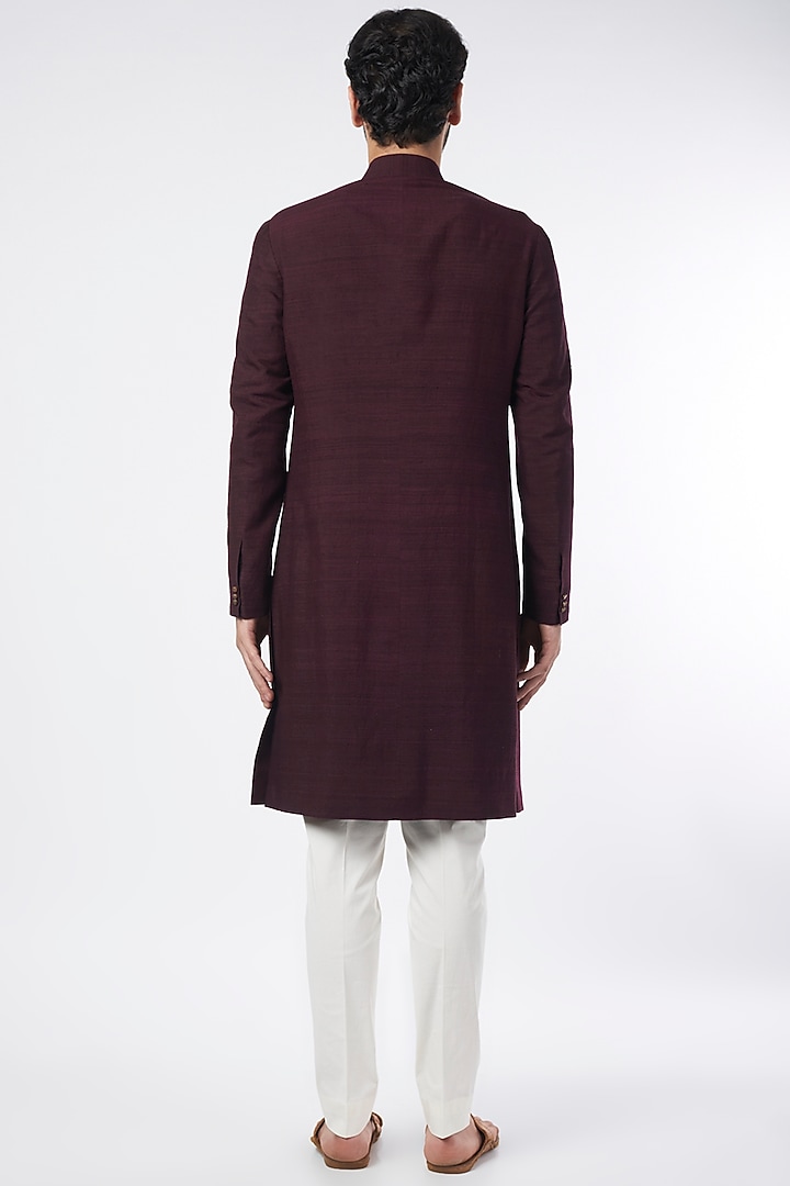 Murasaki Purple Raw Silk Block Printed Wedding Sherwani Set by Divyam Mehta Men at Pernia's Pop Up Shop