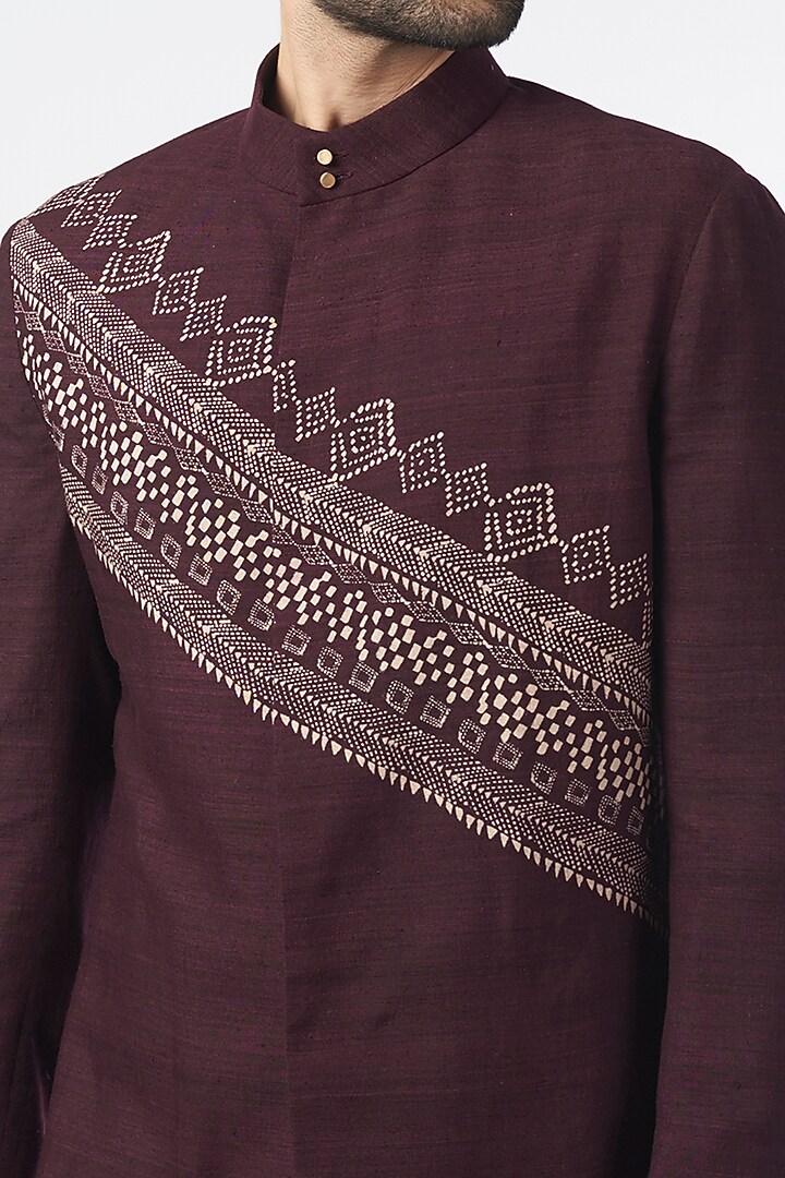 Murasaki Purple Raw Silk Block Printed Wedding Sherwani Set by Divyam Mehta Men at Pernia's Pop Up Shop