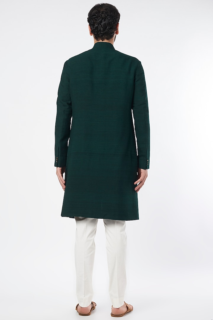 Bottle Green Raw Silk Block Printed Wedding Sherwani Set by Divyam Mehta Men at Pernia's Pop Up Shop