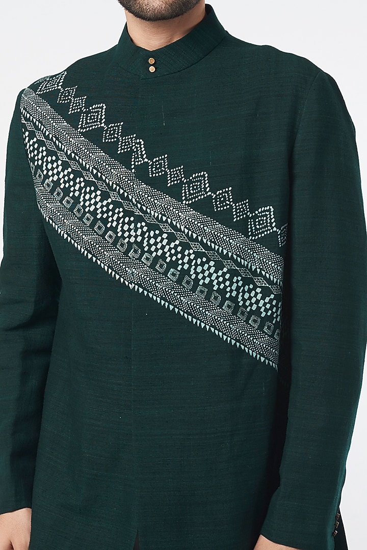 Bottle Green Raw Silk Block Printed Wedding Sherwani Set by Divyam Mehta Men at Pernia's Pop Up Shop