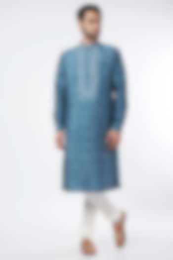 Teal Blue Cotton Embroidered Kurta Set by Divyam Mehta Men at Pernia's Pop Up Shop