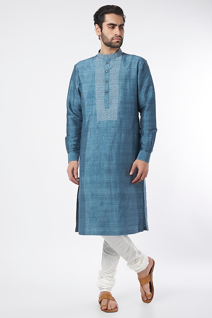 Teal Blue Cotton Embroidered Kurta Set by Divyam Mehta Men at Pernia's Pop Up Shop
