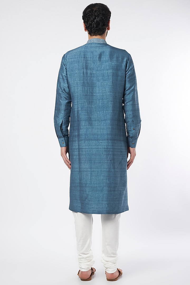 Teal Blue Cotton Embroidered Kurta Set by Divyam Mehta Men at Pernia's Pop Up Shop