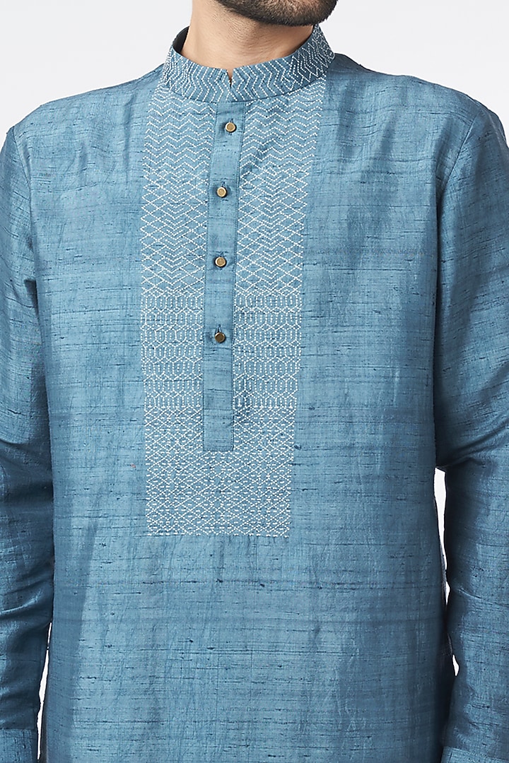 Teal Blue Cotton Embroidered Kurta Set by Divyam Mehta Men at Pernia's Pop Up Shop