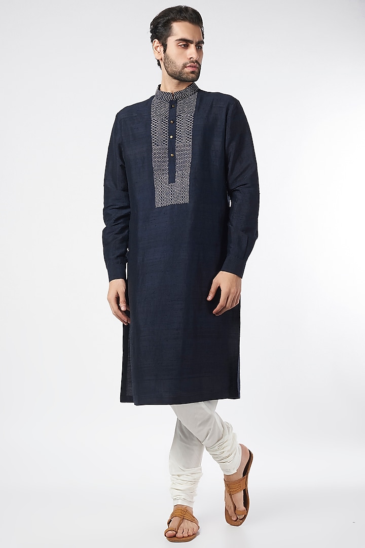 Space Blue Embroidered Kurta Set by Divyam Mehta Men