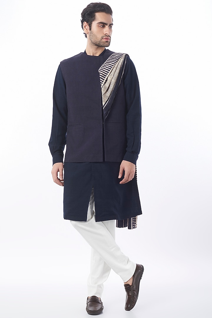 Space Blue Matka Silk Nehru Jacket Set by Divyam Mehta Men at Pernia's Pop Up Shop