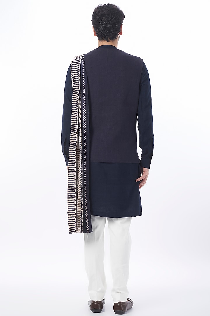 Space Blue Matka Silk Nehru Jacket Set by Divyam Mehta Men at Pernia's Pop Up Shop