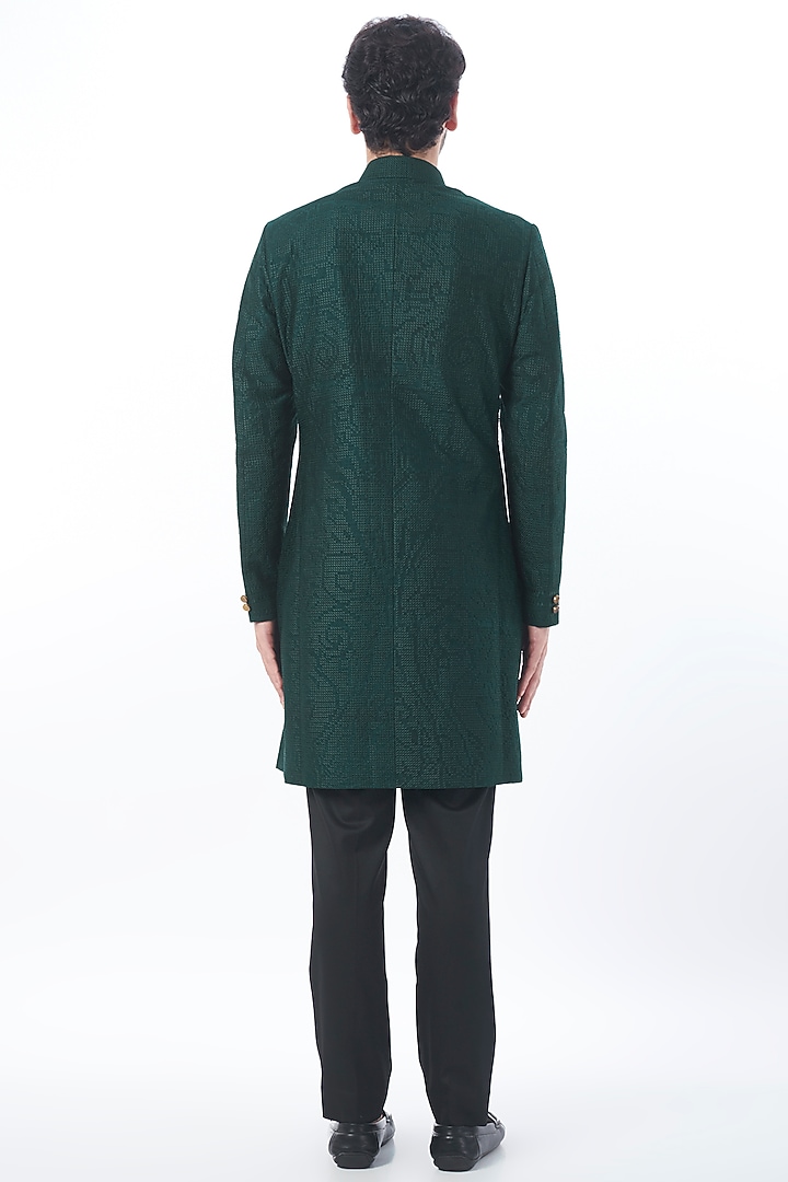 Bottle Green Raw Silk Embroidered Achkan Set by Divyam Mehta Men at Pernia's Pop Up Shop