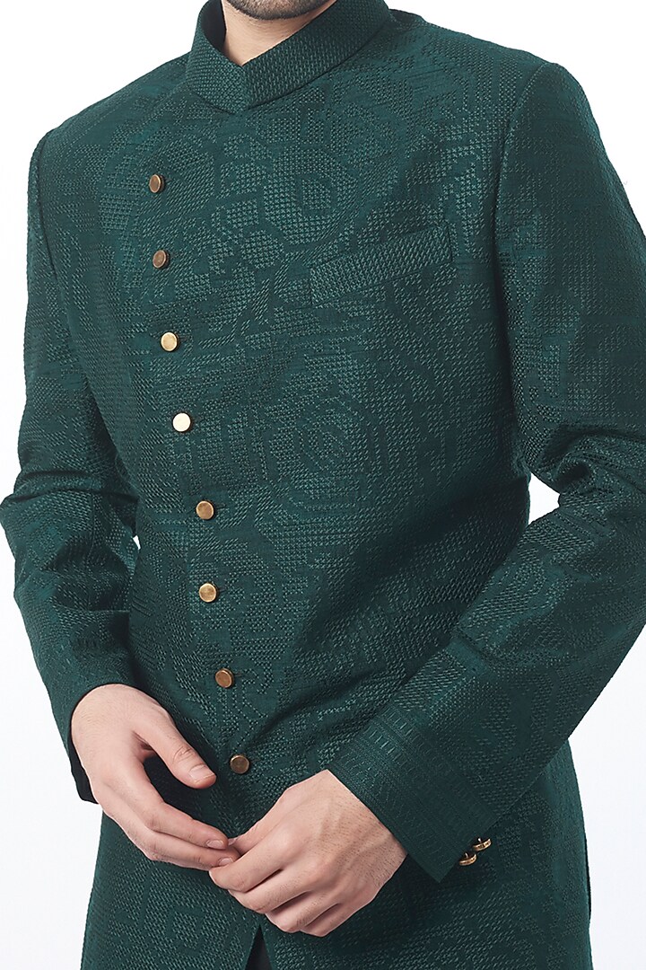 Bottle Green Raw Silk Embroidered Achkan Set by Divyam Mehta Men at Pernia's Pop Up Shop