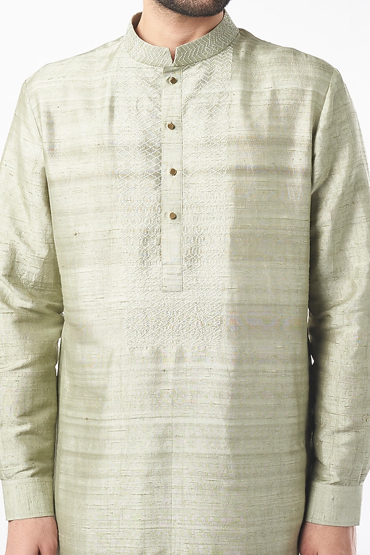 Saunf Green Cotton Embroidered Kurta Set by Divyam Mehta Men at Pernia's Pop Up Shop
