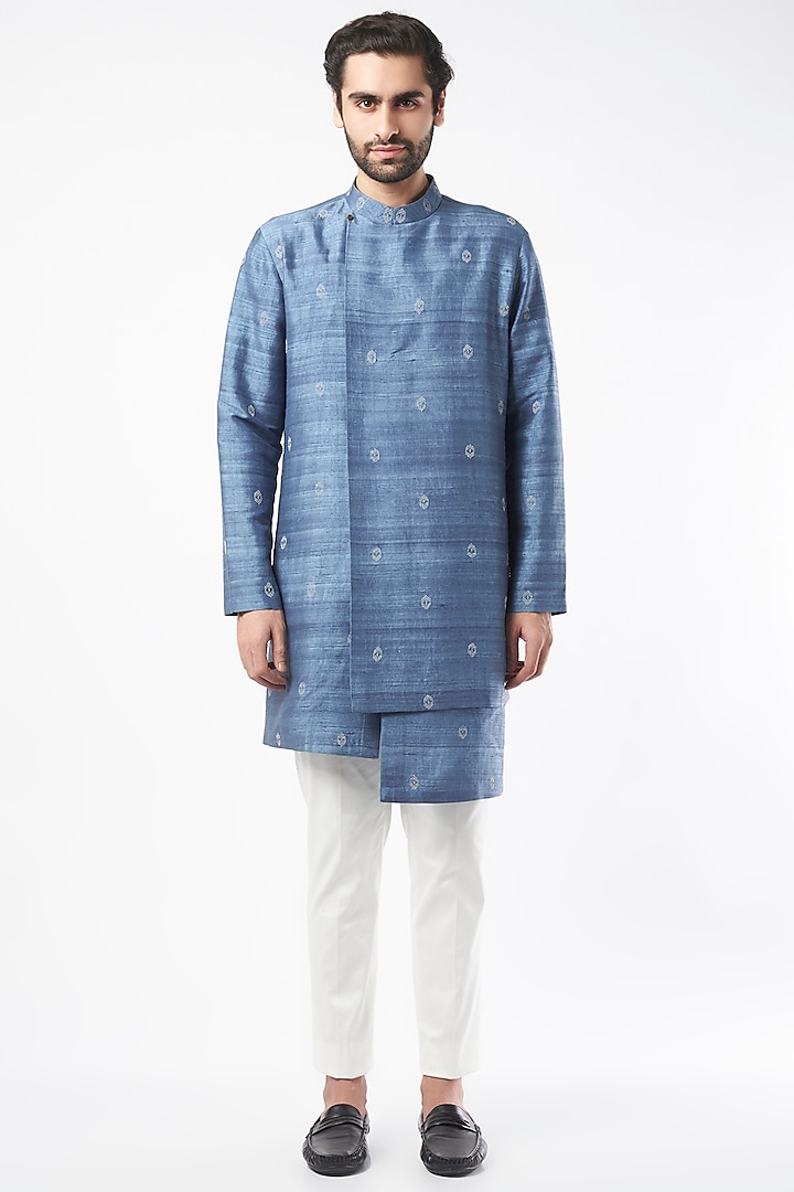 Teal Silk Kurta Set by Divyam Mehta Men