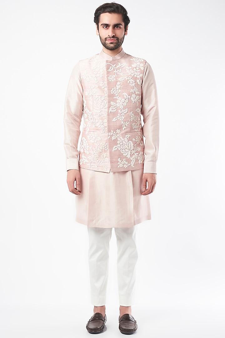 Blush Pink Kurta Set With Embroidered Bundi Jacket by Divyam Mehta Men