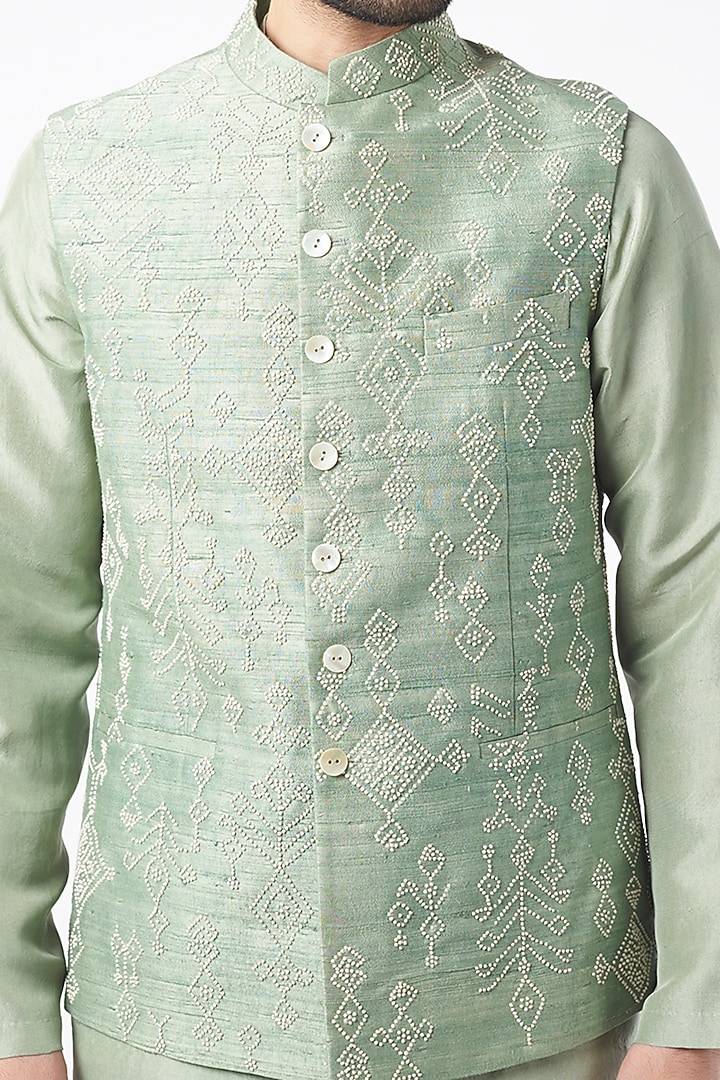 Saunf Silk Knotted Embroidered Bundi Set by Divyam Mehta Men at Pernia's Pop Up Shop