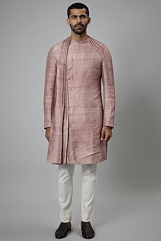 Antique Pink Raw Silk Draped Kurta Set by Divyam Mehta Men