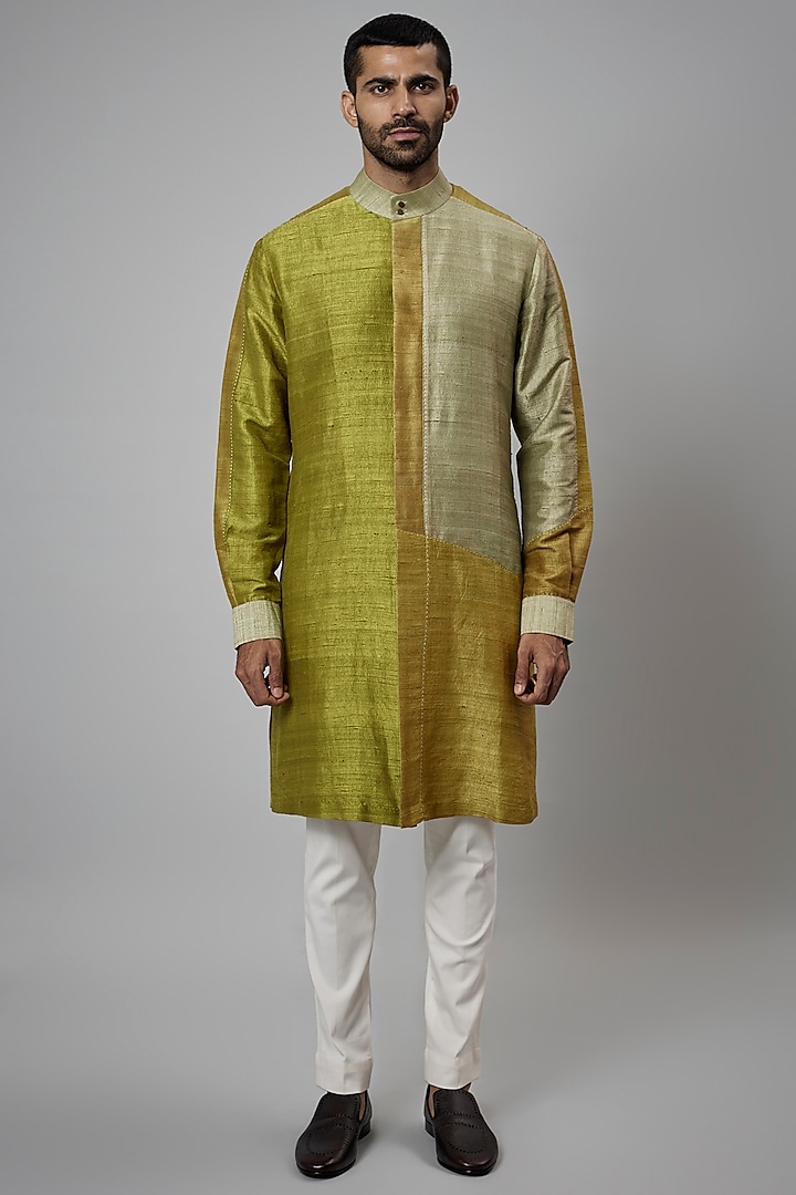 Green Raw Silk & Stretch Cotton Color Blocked Kurta Set by Divyam Mehta Men