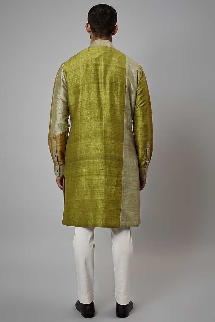 Green Raw Silk & Stretch Cotton Color Blocked Kurta Set by Divyam Mehta Men at Pernia's Pop Up Shop