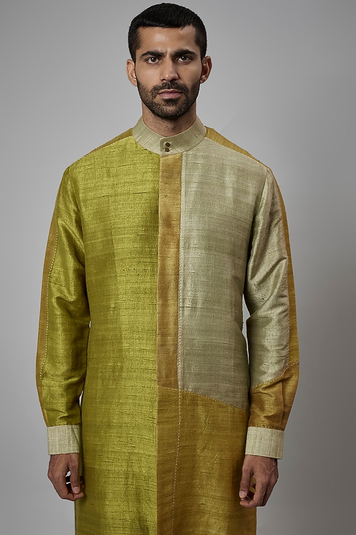 Green Raw Silk & Stretch Cotton Color Blocked Kurta Set by Divyam Mehta Men at Pernia's Pop Up Shop