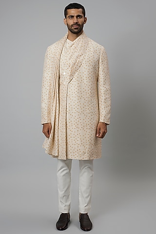 Beige Raw Silk & Stretch Cotton Bandhani Draped Kurta Set by Divyam Mehta Men