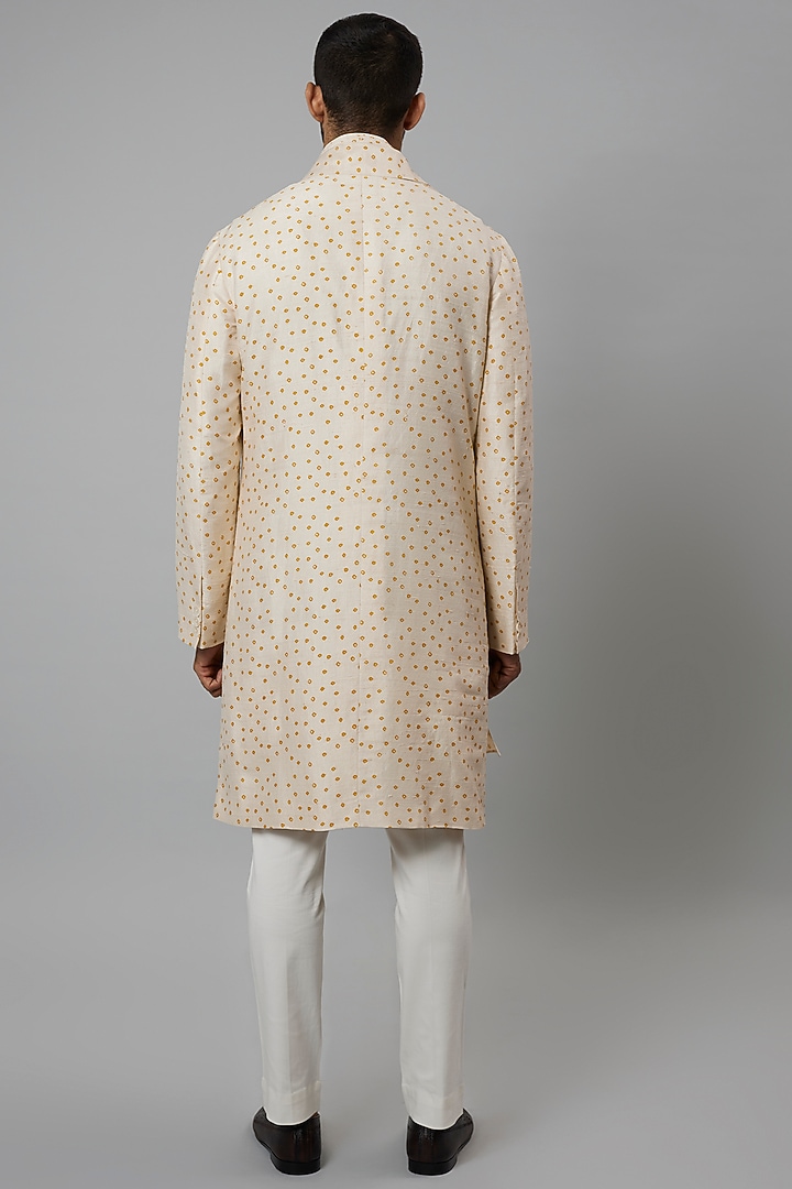 Beige Raw Silk & Stretch Cotton Bandhani Draped Kurta Set by Divyam Mehta Men at Pernia's Pop Up Shop