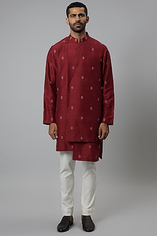 Crimson Red Raw Silk & Stretch Cotton Bandhani Kurta Set by Divyam Mehta Men