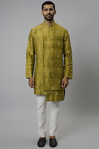 Lime Raw Silk & Stretch Cotton Bandhani Kurta Set by Divyam Mehta Men