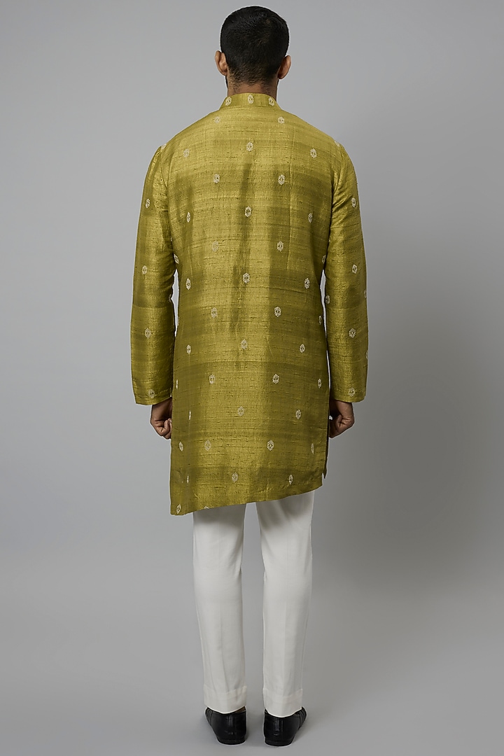 Lime Raw Silk & Stretch Cotton Bandhani Kurta Set by Divyam Mehta Men at Pernia's Pop Up Shop