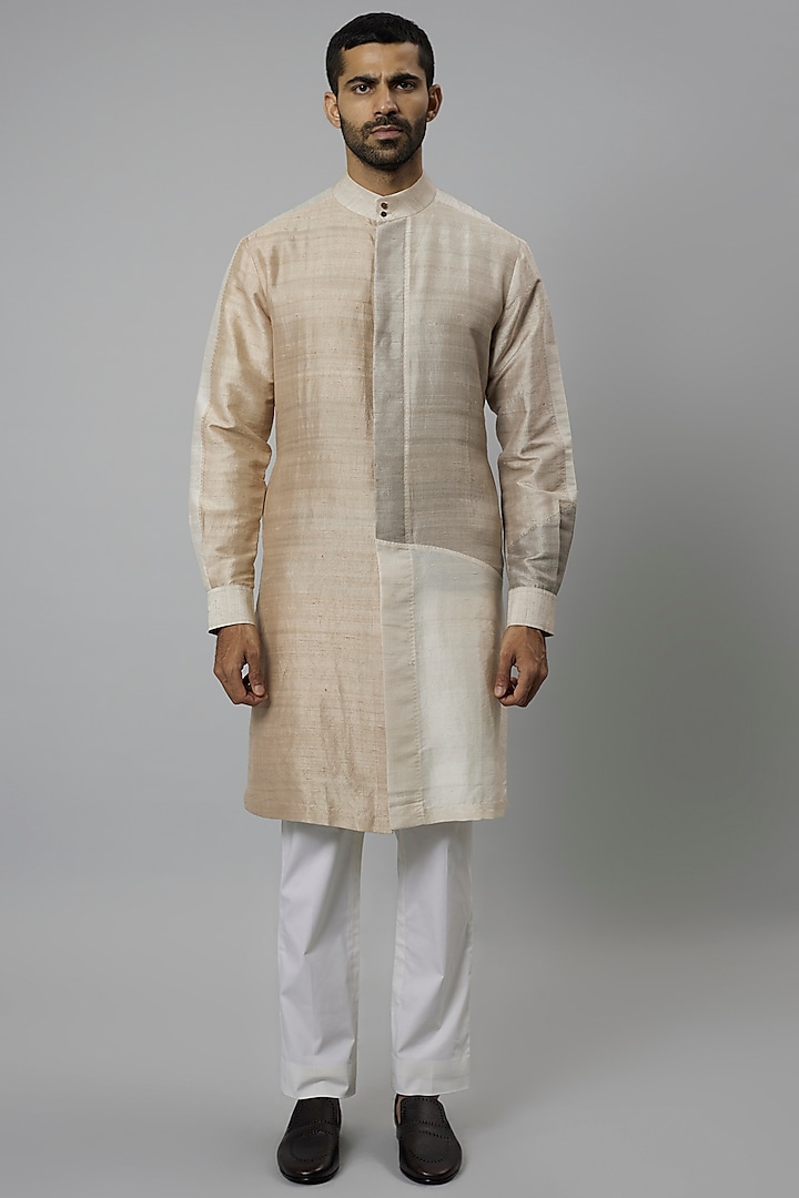 Ivory Raw Silk & Katan Silk Color Blocked Kurta Set by Divyam Mehta Men
