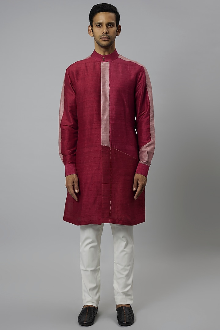 Red Raw Silk & Stretch Cotton Color Blocked Kurta Set by Divyam Mehta Men