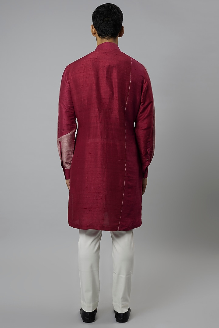 Red Raw Silk & Stretch Cotton Color-Blocked Kurta Set by Divyam Mehta Men at Pernia's Pop Up Shop