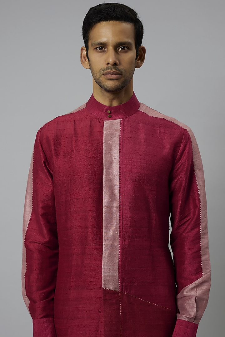 Red Raw Silk & Stretch Cotton Color-Blocked Kurta Set by Divyam Mehta Men at Pernia's Pop Up Shop