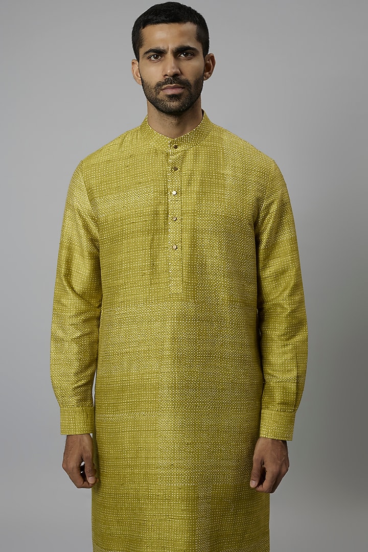 Lime Raw Silk & Katan Silk Printed Kurta Set by Divyam Mehta Men at Pernia's Pop Up Shop
