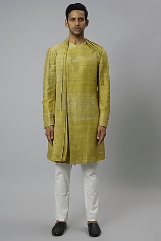 Lime Raw Silk & Stretch Cotton Draped Kurta Set by Divyam Mehta Men