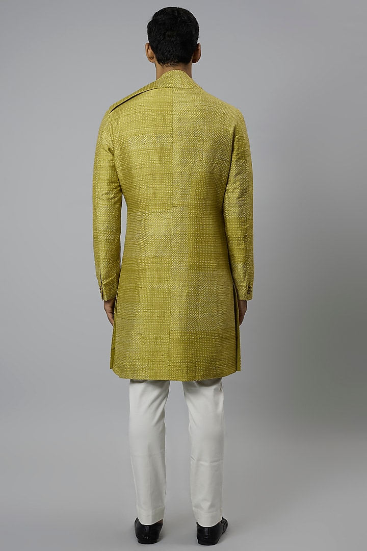 Lime Raw Silk & Stretch Cotton Draped Kurta Set by Divyam Mehta Men at Pernia's Pop Up Shop