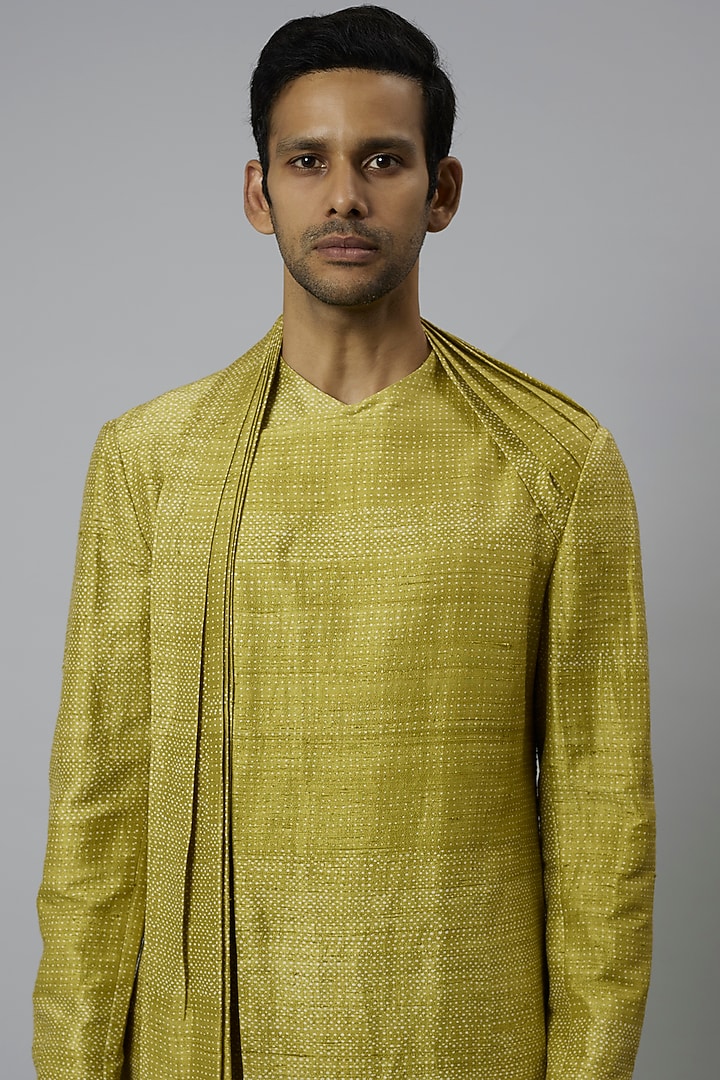 Lime Raw Silk & Stretch Cotton Draped Kurta Set by Divyam Mehta Men at Pernia's Pop Up Shop