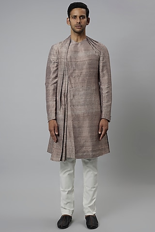 Ivory & Beige Raw Silk Draped Kurta Set by Divyam Mehta Men