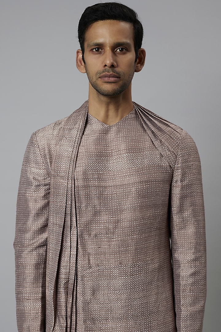 Ivory & Beige Raw Silk Draped Kurta Set by Divyam Mehta Men at Pernia's Pop Up Shop